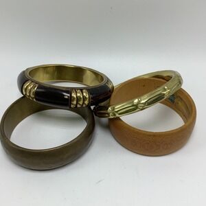 Wood & Brass Bangle Bracelet Lot of 4 Stackable Chunky‎ Hammered VTG